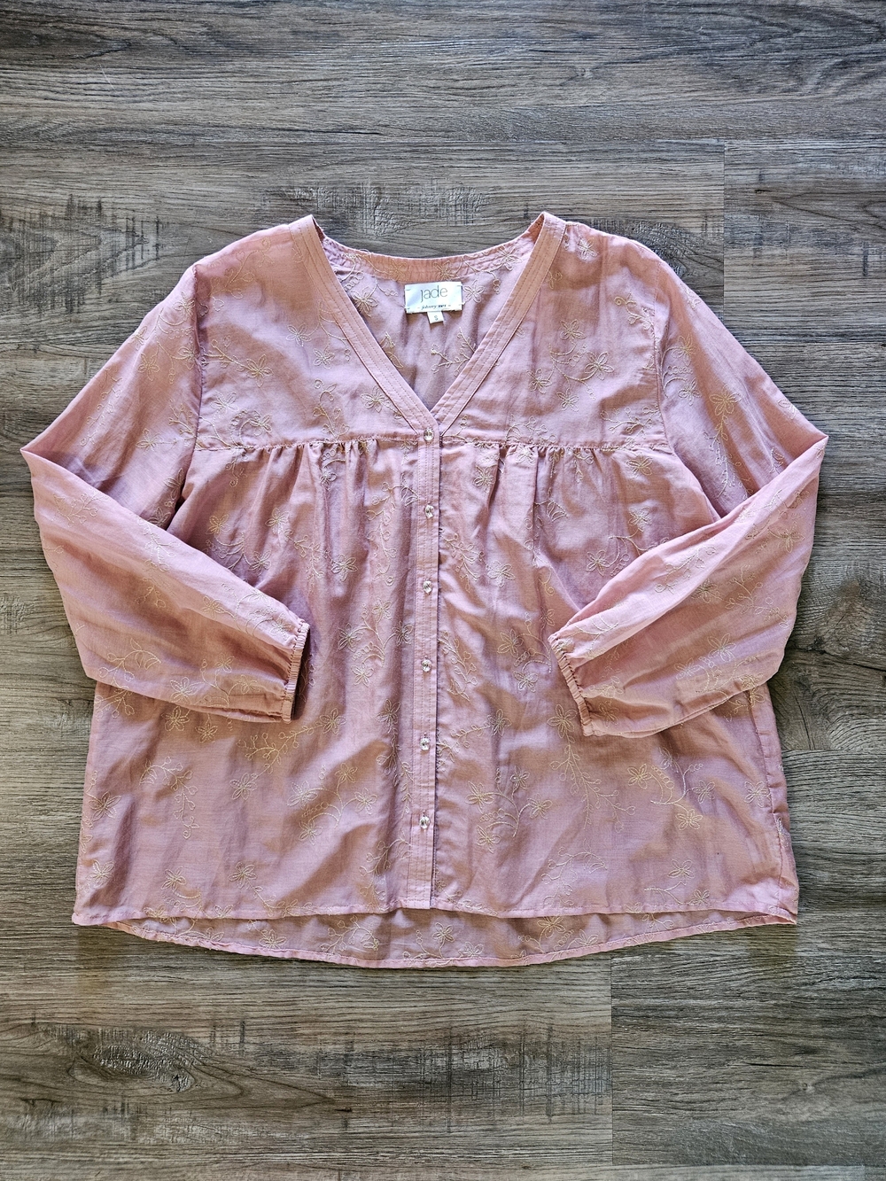 Jade By Johnny Was Silk & Cotton Blush Pink Floral Embroidered Button-Down Top